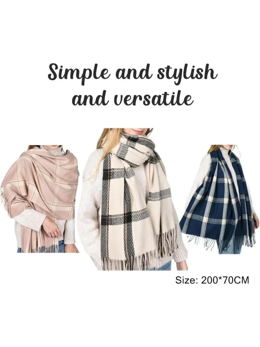 Women's Navy Shawl Soft Tassel Plaid Large Scarves Wraps Neck Scarves